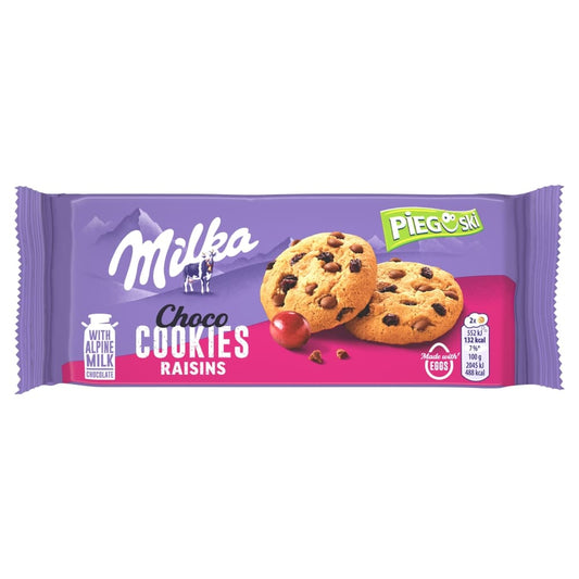 MILKA PIEGUSKI Ciasteczka z kawalkami czekolady mlecznej i rodzynkami. 39,93 zl/kg